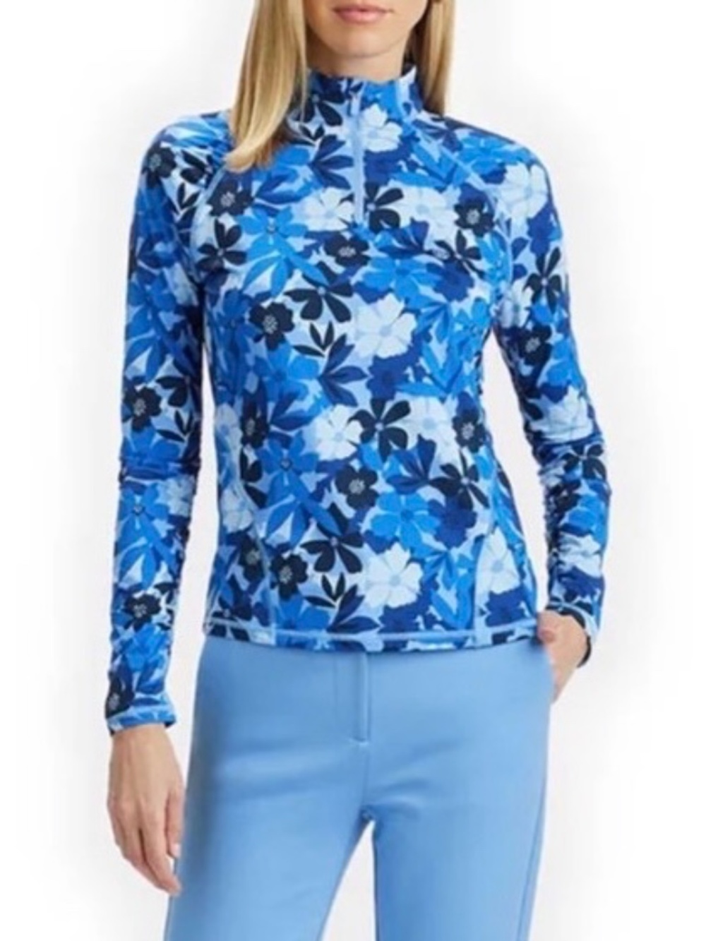 G/FORE Floral Quarter Zip Golf Pullover Top Size M Blue Ruched Sleeve UPF 50+